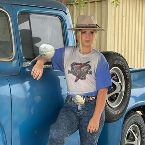 ‘Merica Royal Blue Bleached, Graphic tee, Handmade, new, XL, Gilden.